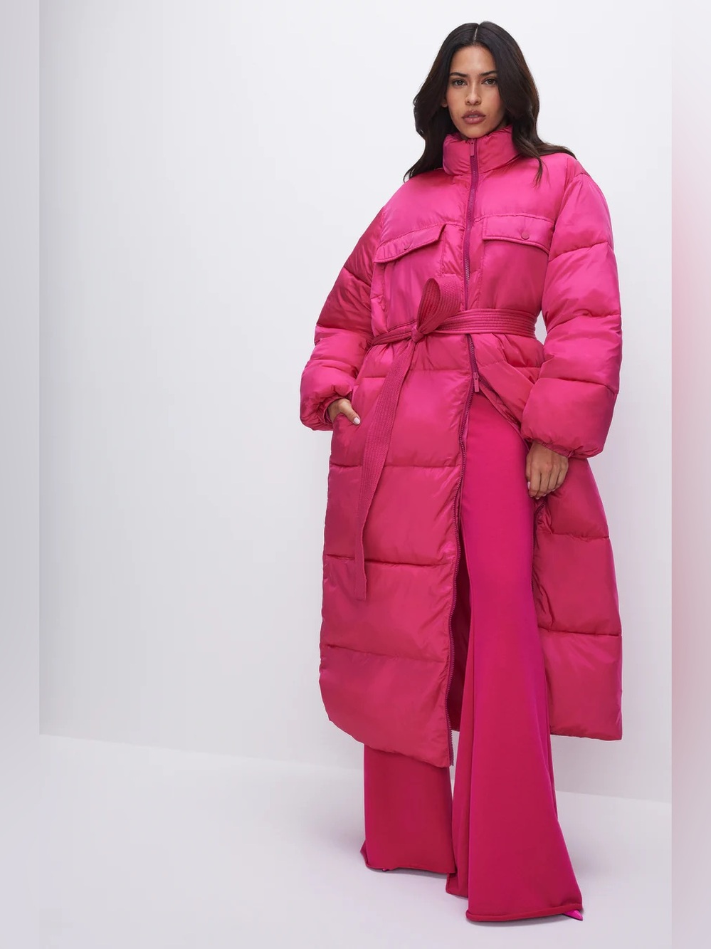 Good American - Women’s Long Puffer Coat with Belt - Hot Pink